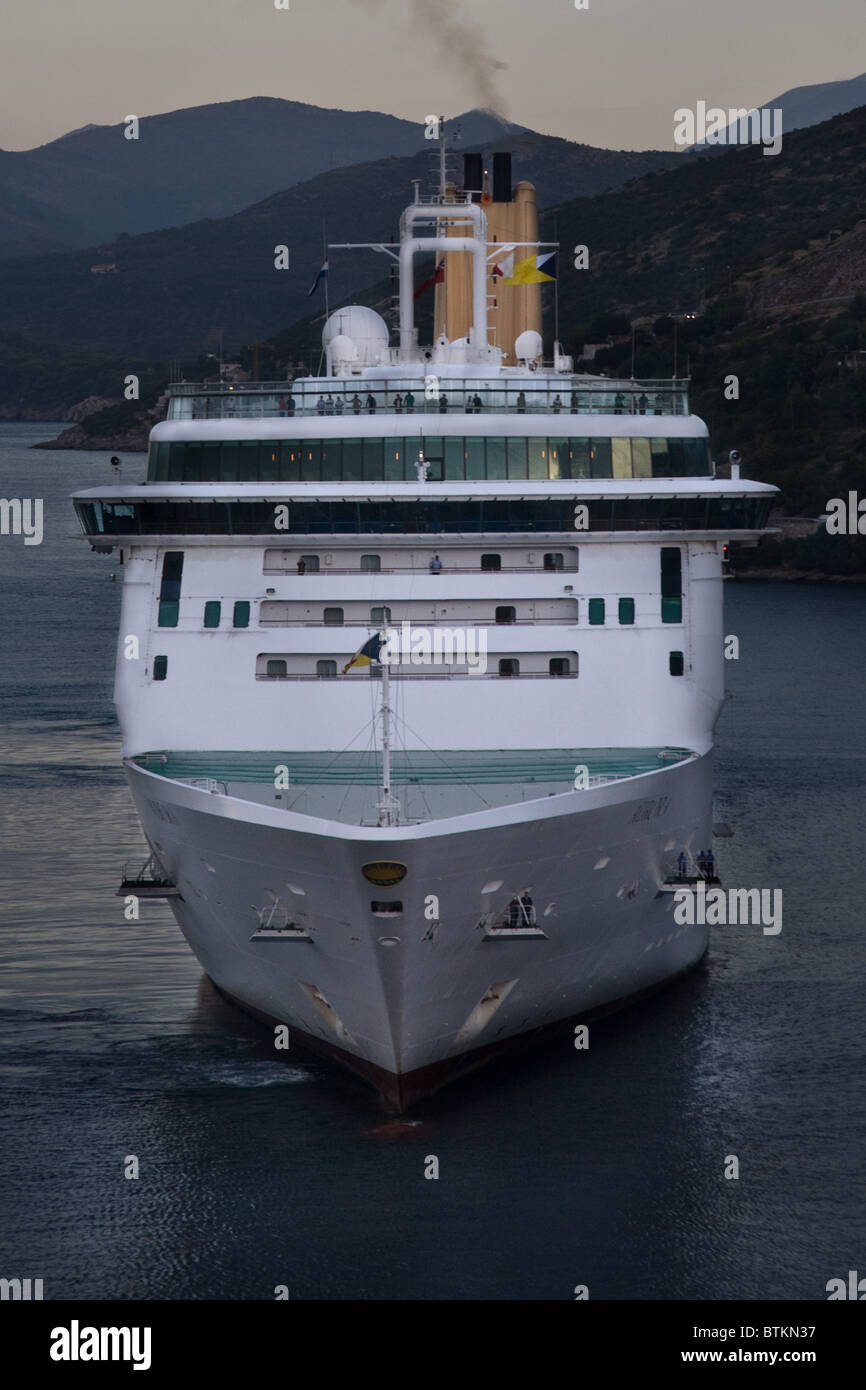 Aurora Ship arriving Dubrovnik sailing at sea Stock Photo