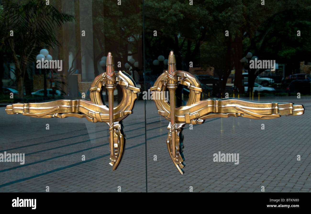 Ornate door handles at Wortham Center entrance in Theater District of Houston, Texas, USA Stock Photo