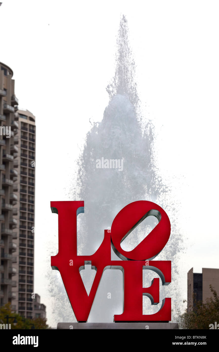 Love sculpture in front of spurting fountain, John F. Kennedy Plaza
