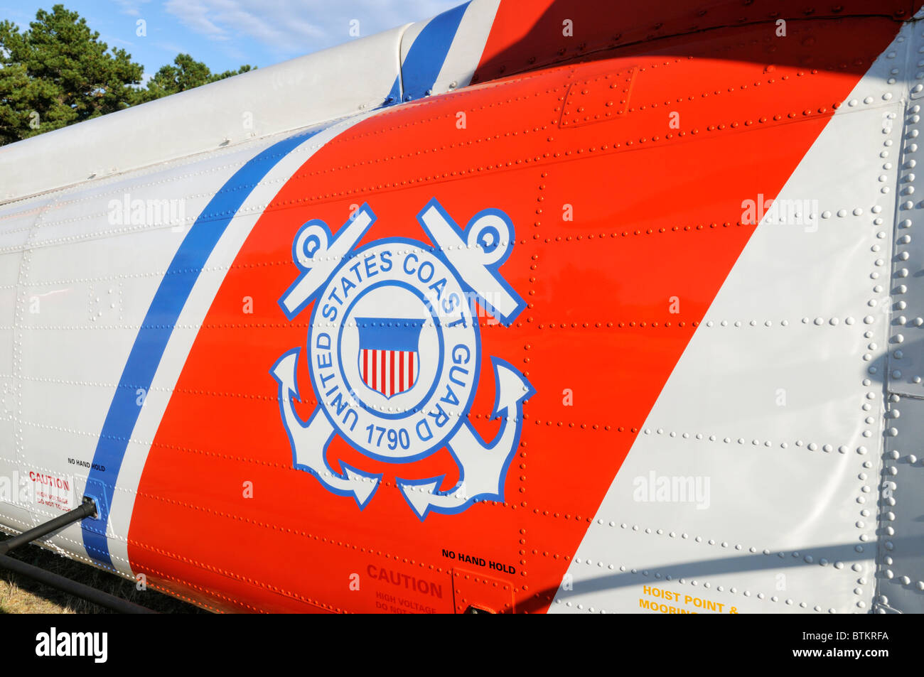 Emblem of the United States Coast Guard on fuselage of a Jayhawk search and rescue  helicopter. USA Stock Photo