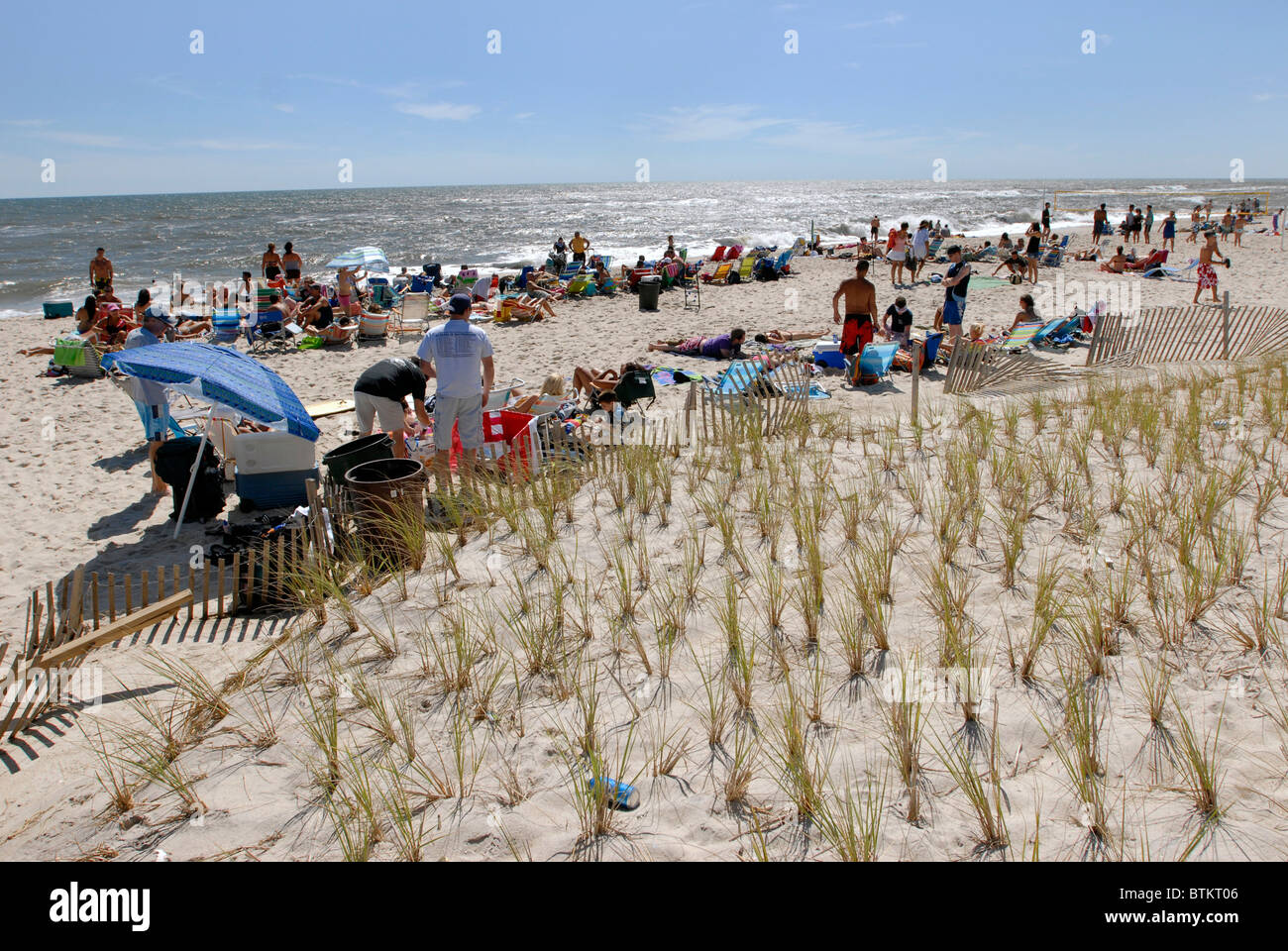 Ocean Bay Park Beach On Fire Island New York With Sunbathers Planted