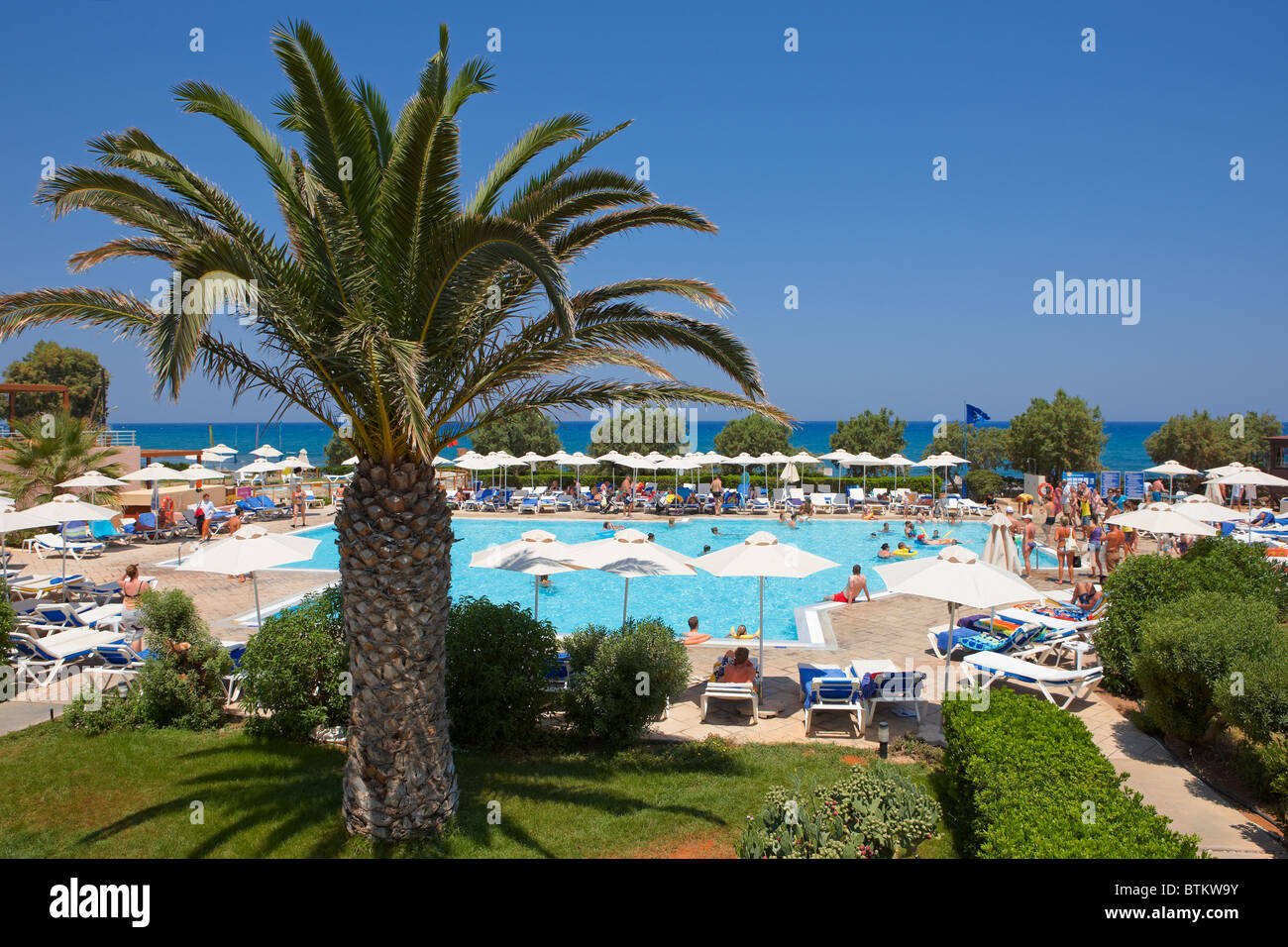 View of the pool area at the Aquis Zorbas Village hotel. Crete island, Greece. Stock Photo
