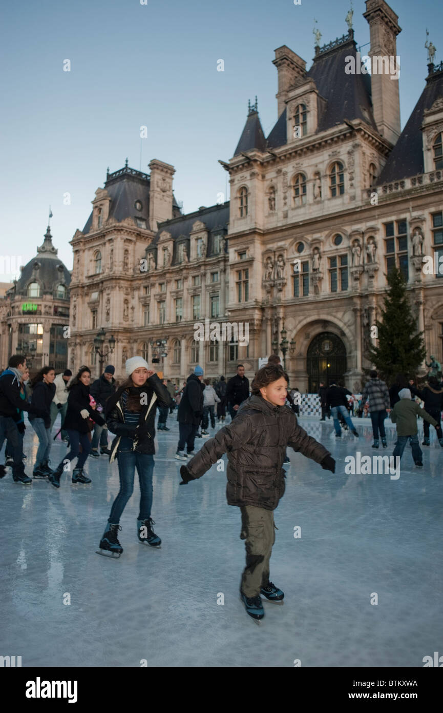 Paris, France, Ice Skaters on Ice Skating Rink at Paris City Hall