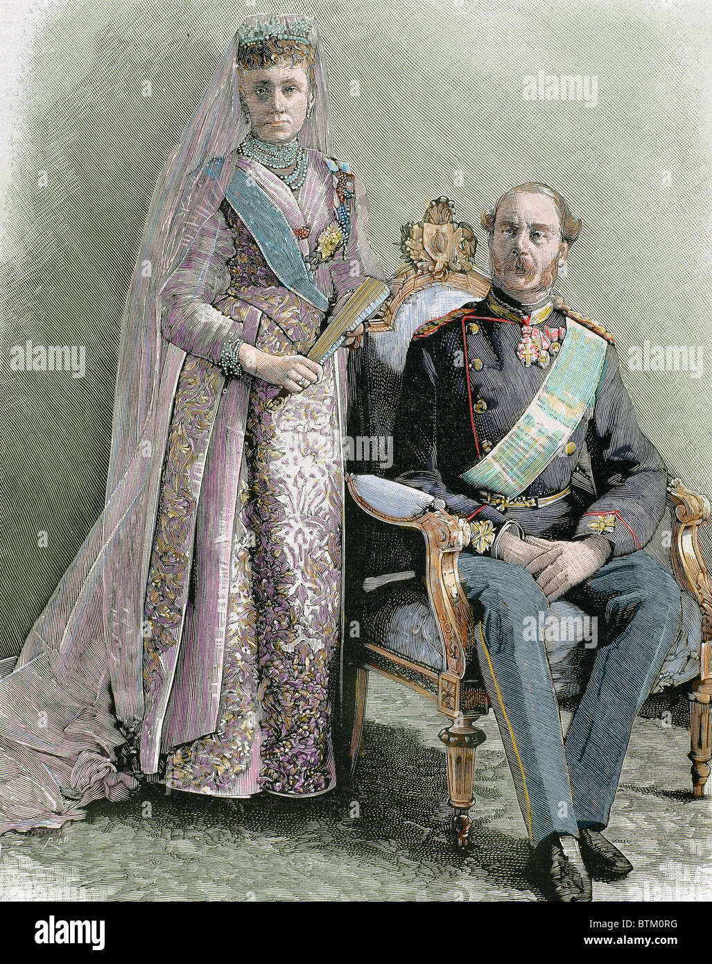 Christian IX (Gottorp, 1818-Copenhagen, 1906). King of Denmark (1863-1906), Christian IX and his wife. Stock Photo