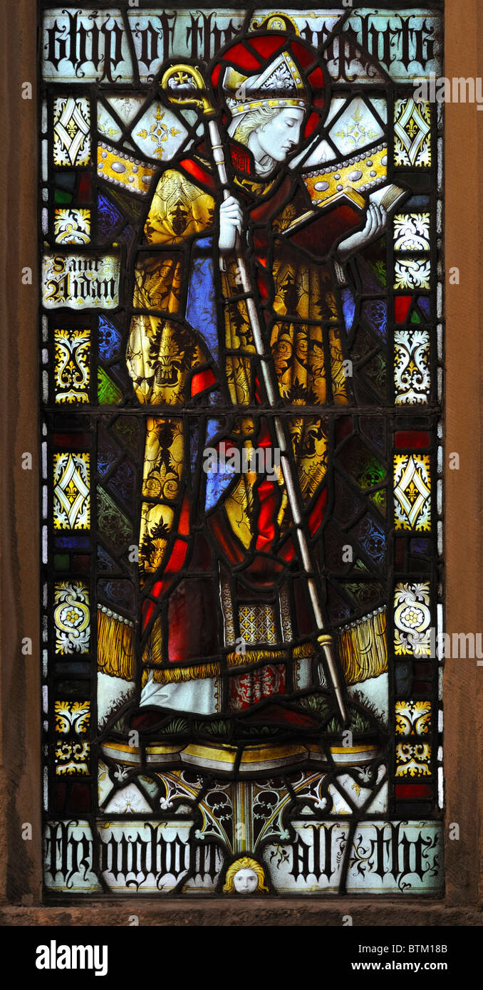 Saint Aidan, detail of 'Te Deum'  East window. Church of Saint Andrew, Dent,  Dentdale, Yorkshire Dales National Park, Cumbria. Stock Photo