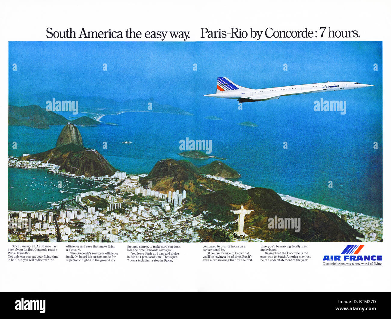 Double page advert in magazine circa 1976 for Air France Concorde pictured flying over Rio de Janeiro Stock Photo