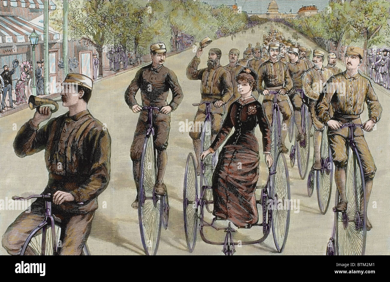 American League cycles in Pennsylvania Avenue. Mid May 1884. Washington. United States. Colored engraving. Stock Photo