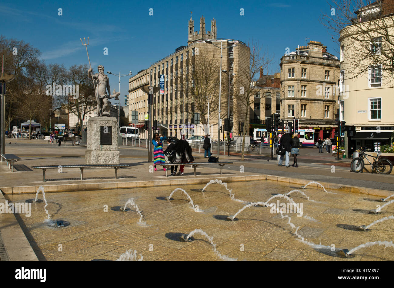 dh St Augustines Parade CITY BRISTOL People relaxing Bristol Broad Quay City Centre fountains Neptunes statue uk Stock Photo