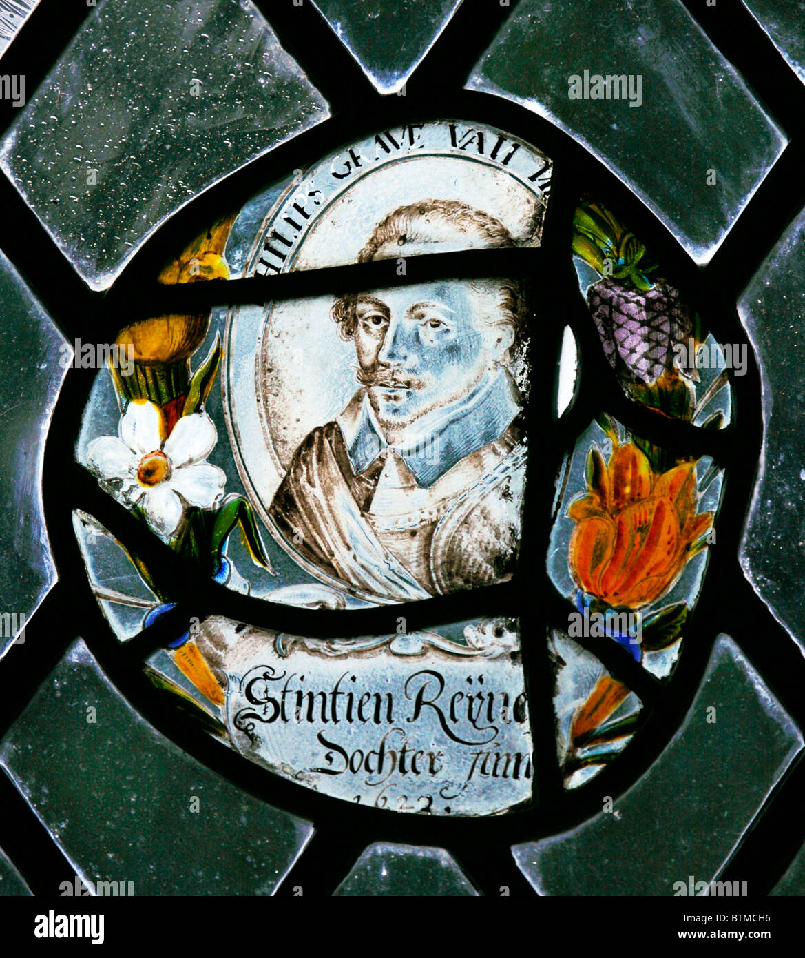 A Stained glass window depicting Philip, Count of Nassau Siegen, 1566 - 1595, Flemish School, circa 17th century Stock Photo