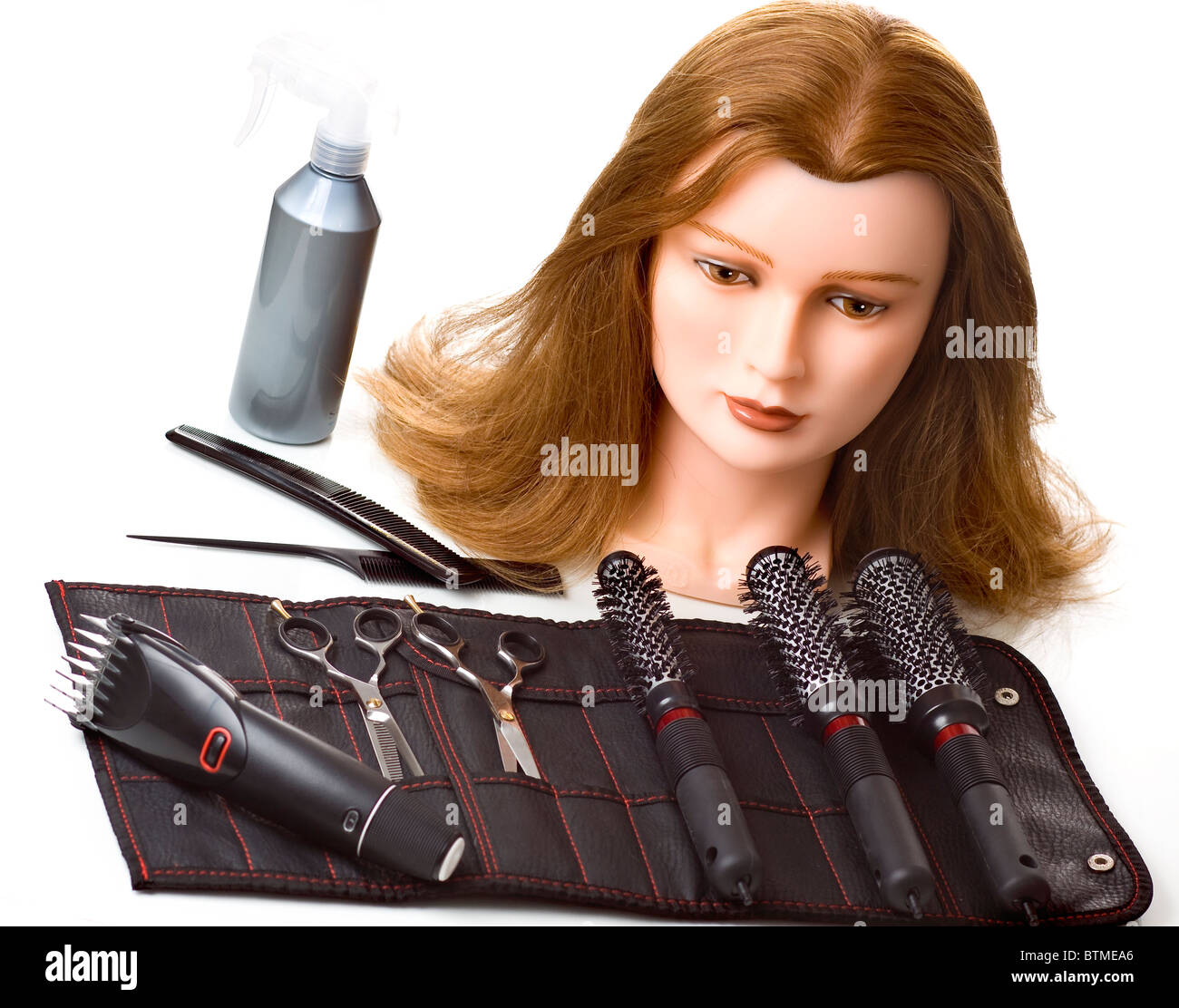 Barber student tools , practice dummy head and hairbrushes set Stock ...