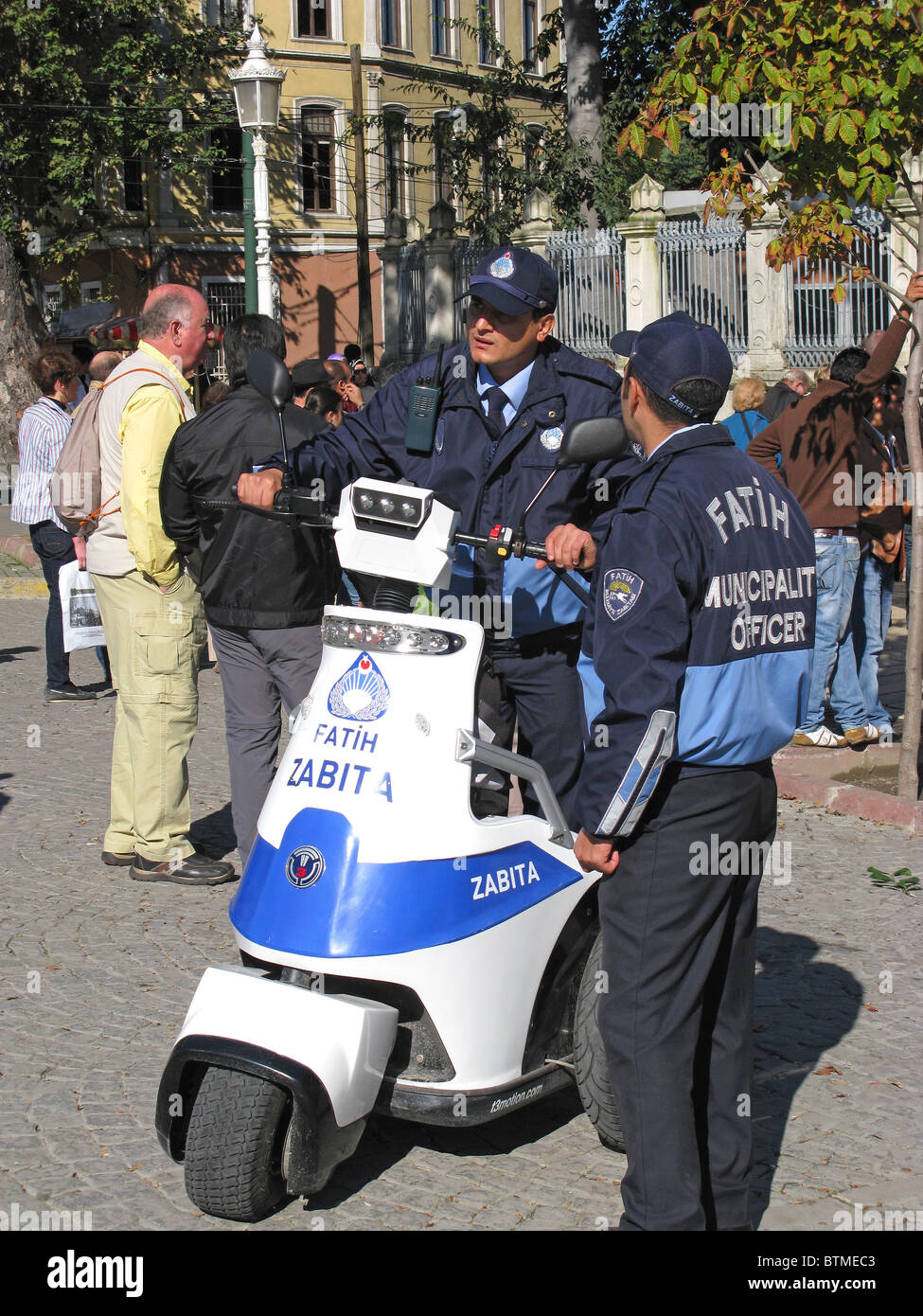 ISTANBUL, TURKEY. Turkish policemen, one on a T3 Motion ESV, in Sultanahmet district. 2010. Stock Photo