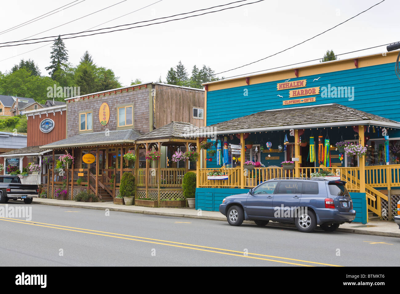 Main street in town of Nehalem on the Pacific Coast of Oregon Stock