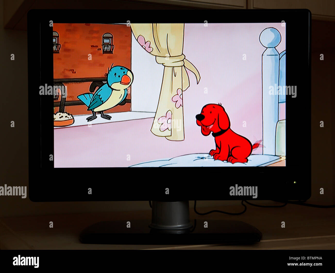 UK, Europe. Flat screen television showing daytime TV childrens CBeeBies cartoon programme Stock Photo
