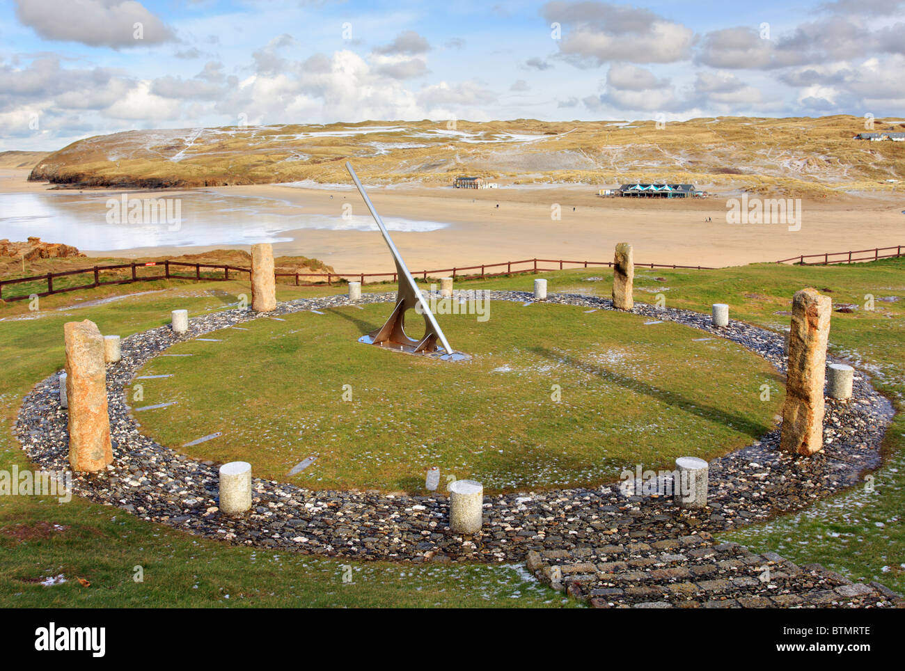 The sun dial above Cornwall's Perranporth beach captured on a winters atfernoon Stock Photo