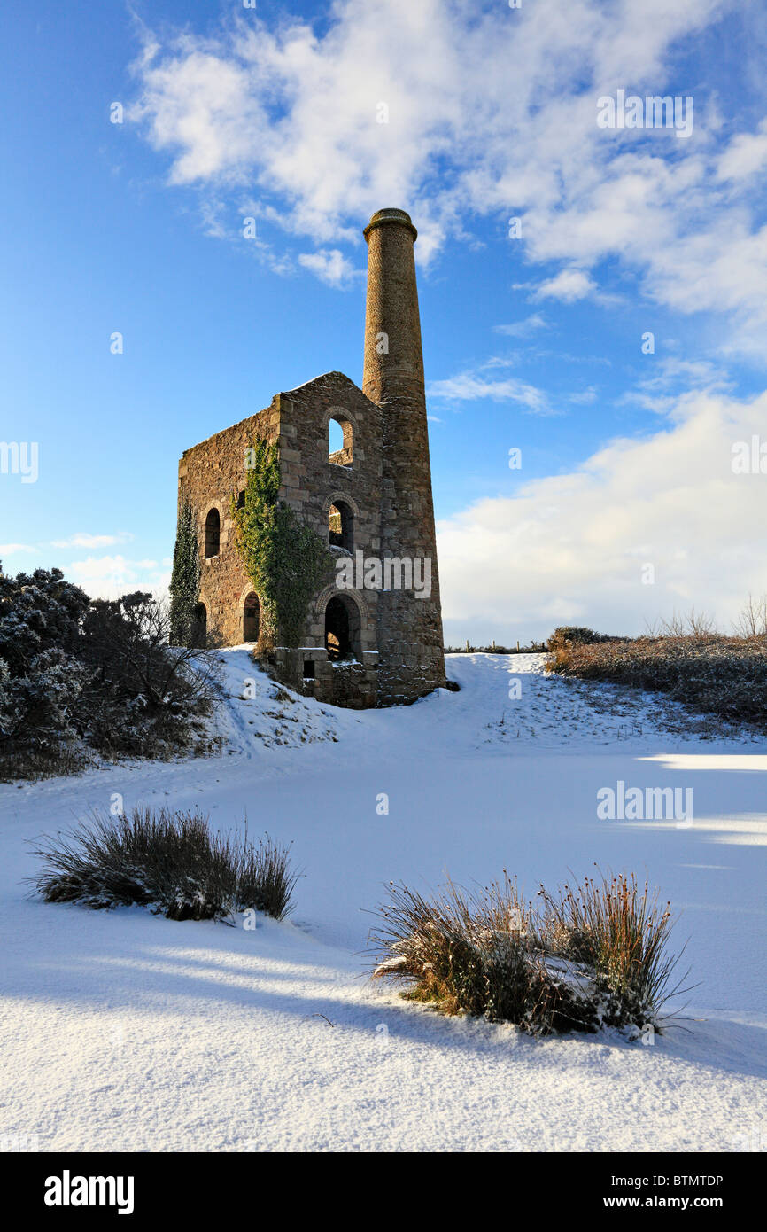 The engine house on United Downs in Cornwall captured after a heavy snowfall Stock Photo