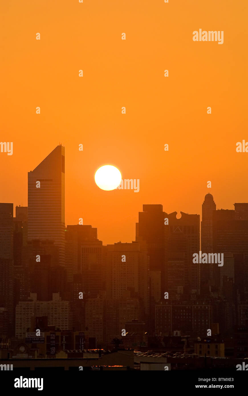 Skyline of Midtown Manhattan with the Citicorp Center, at sunset, New York City. Stock Photo