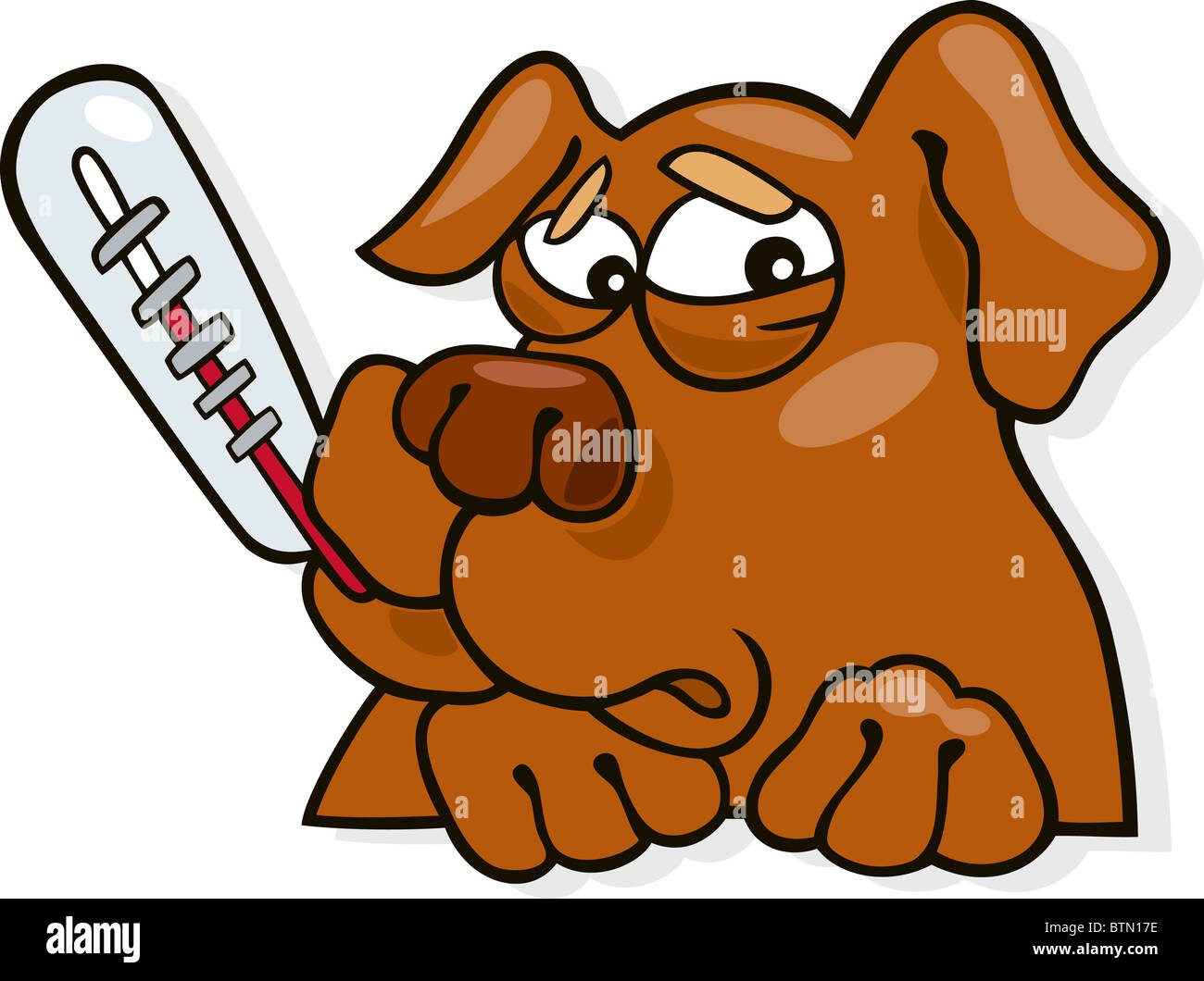 Cartoon illustration of ill dog with thermometer Stock Photo
