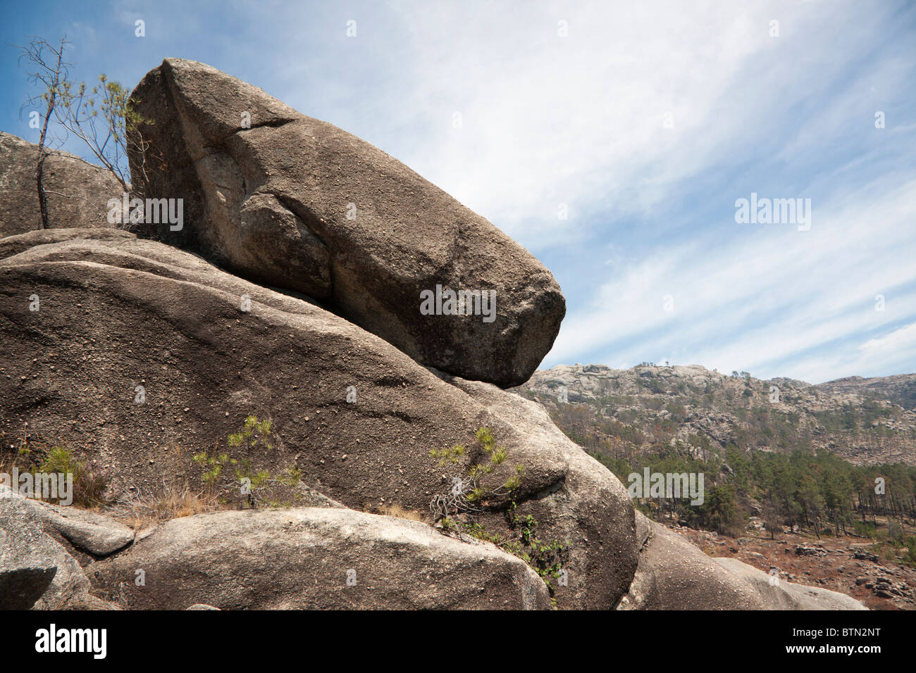 Rock on Serra do Gerês in Portugal that looks like a battle droid from Star Wars movies. Stock Photo