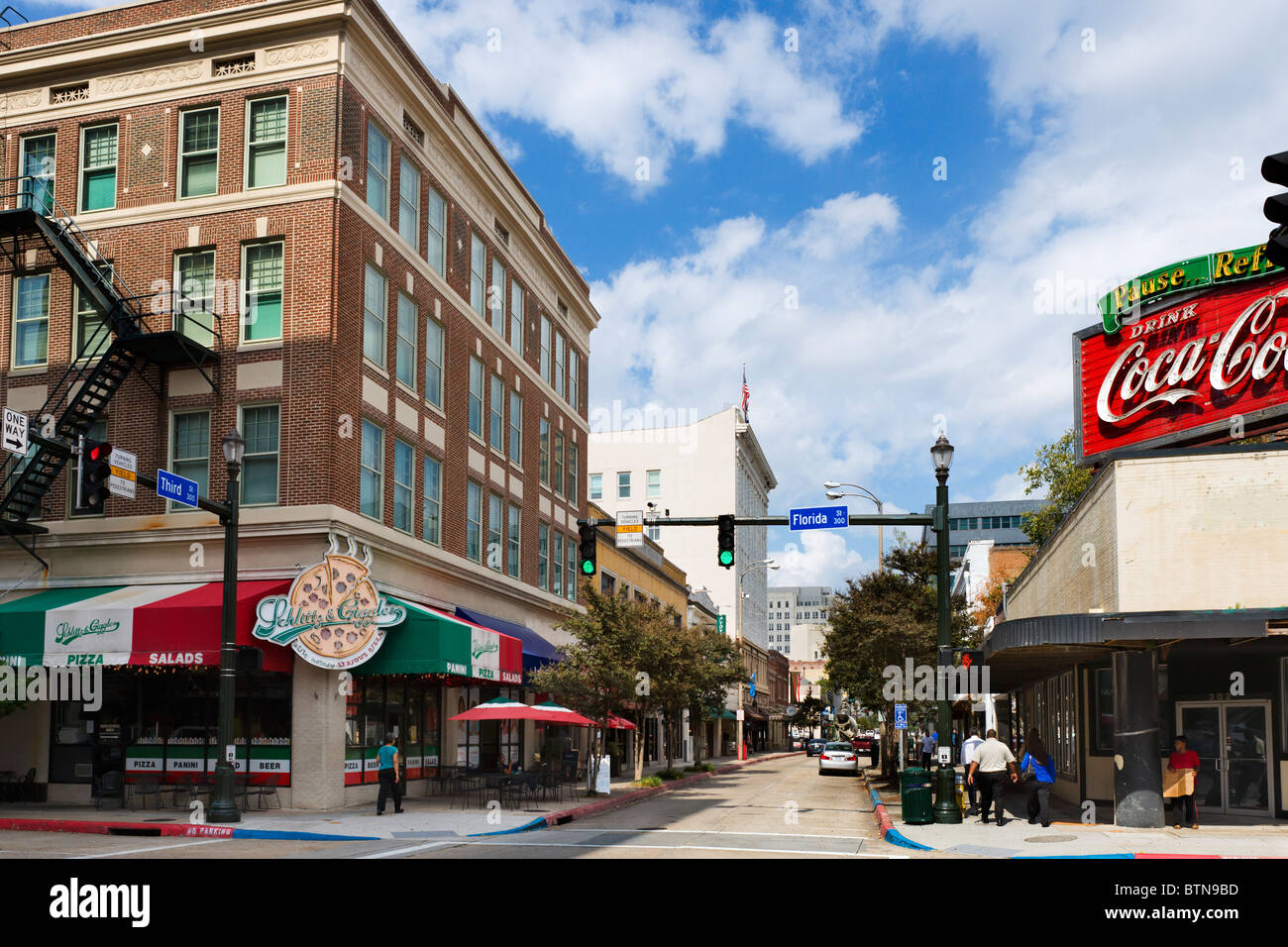 Restaurants and shops on 3rd Street and Florida in downtown Baton Rouge, Lousiana, USA Stock Photo