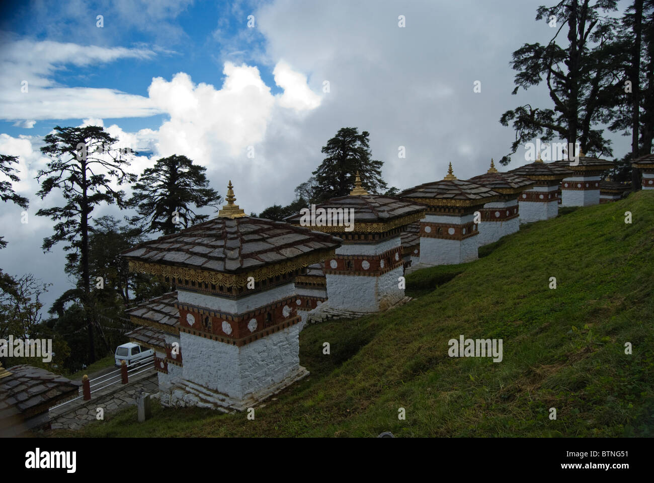 The 108 Chortens, Druk Wnagyal Chortens on Dochu-la Pass on the way from Thimphu to Punakha, Bhutan Stock Photo