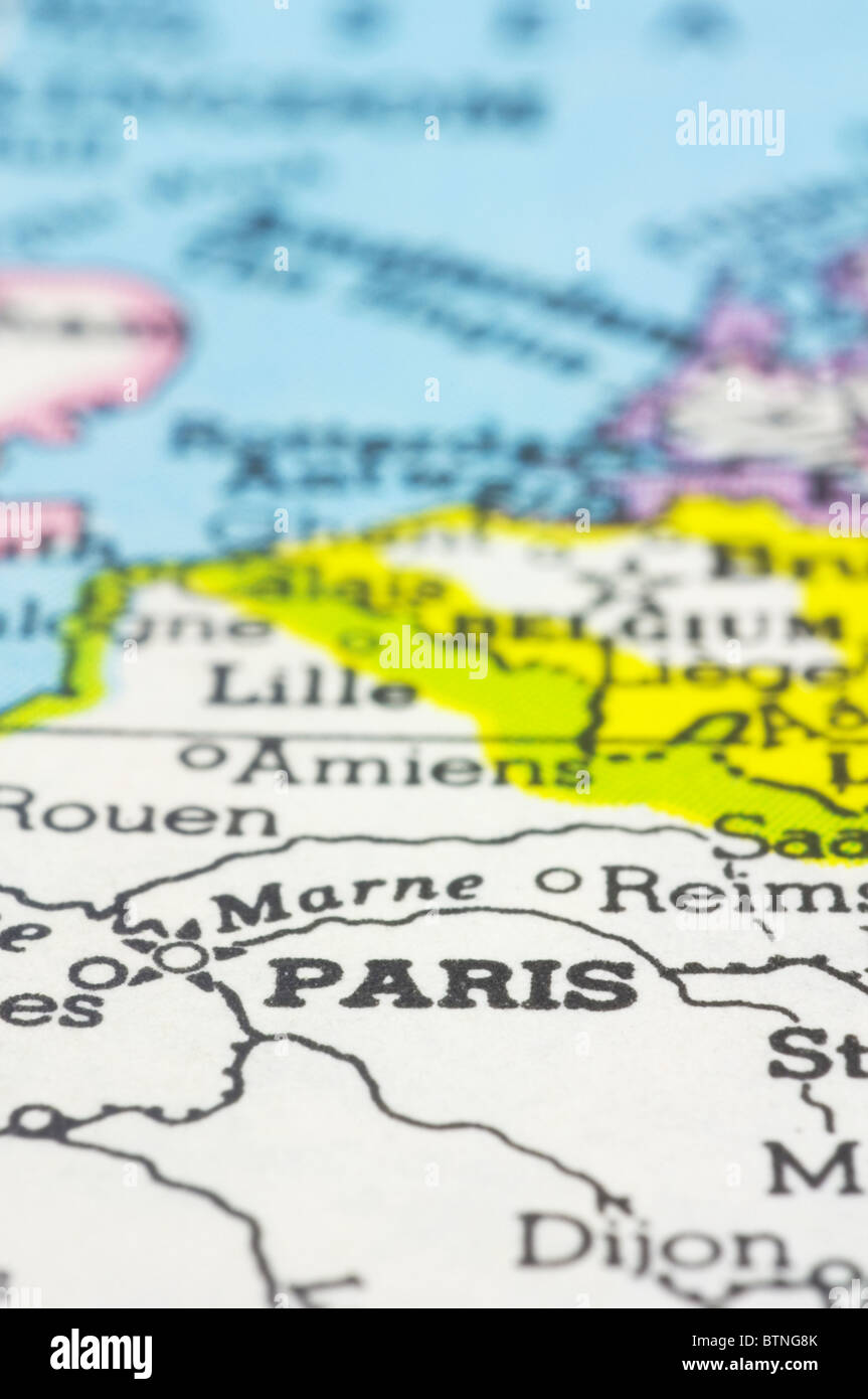 A close up shot of Paris on map, city of France Stock Photo