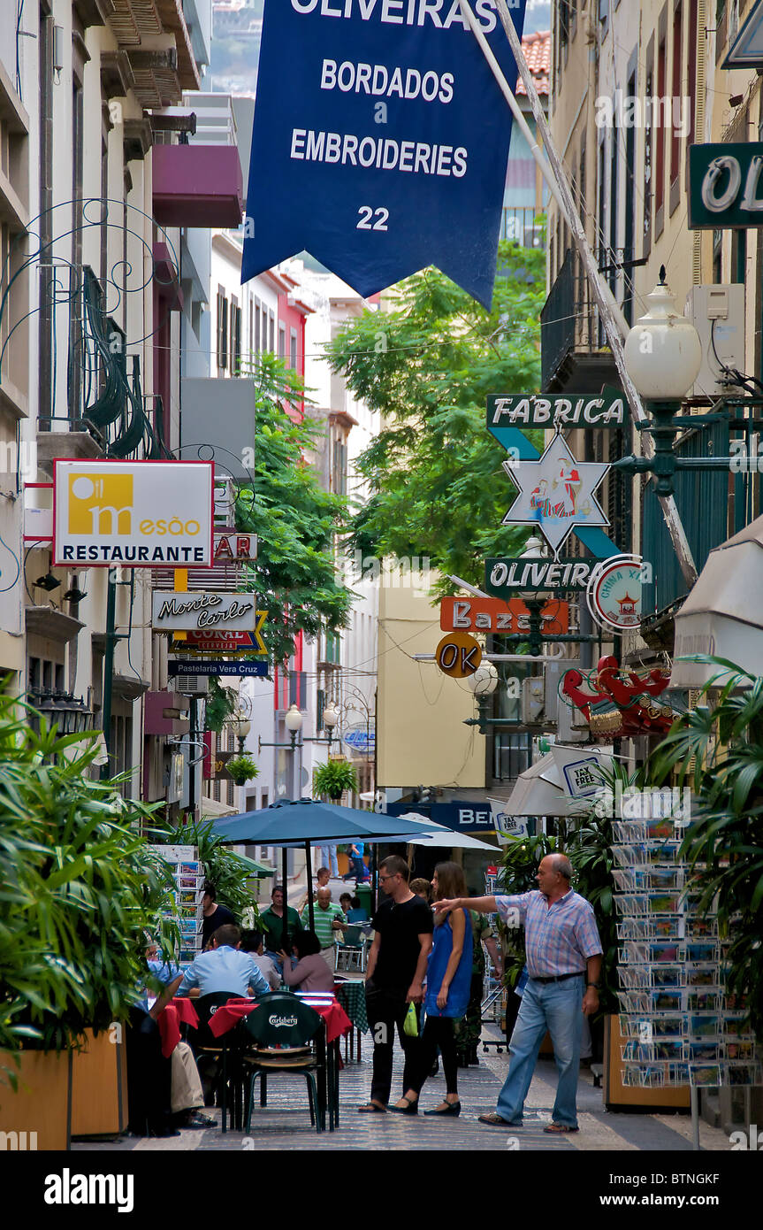 Crowded narrow street Central Funchal Madeira Portugal Stock Photo