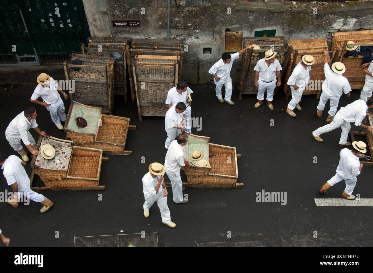 Top view toboggan sledges and drivers Monte Funchal Madeira Portugal Stock Photo