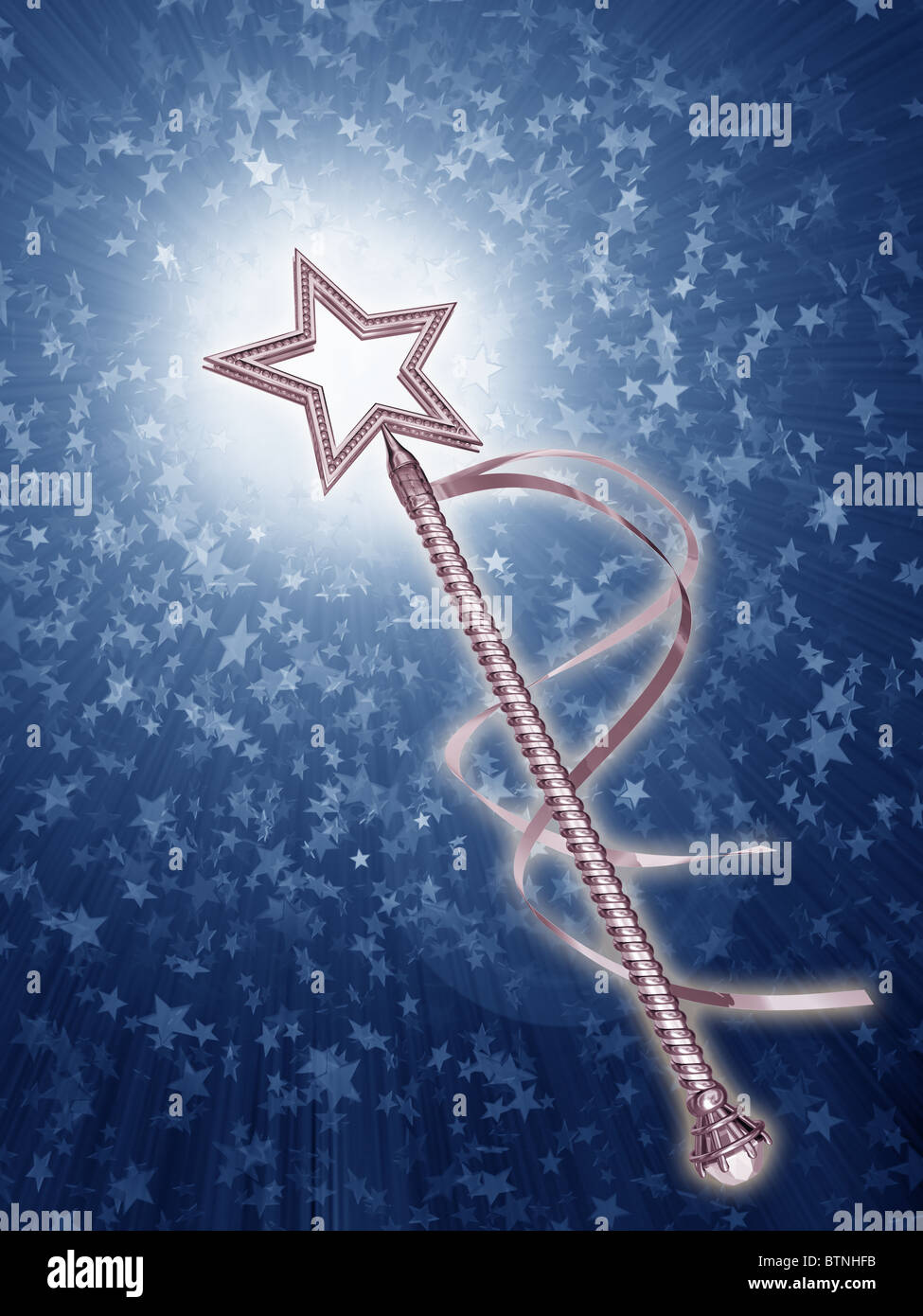 Illustration of a platinum fairy wand on a starry background Stock Photo