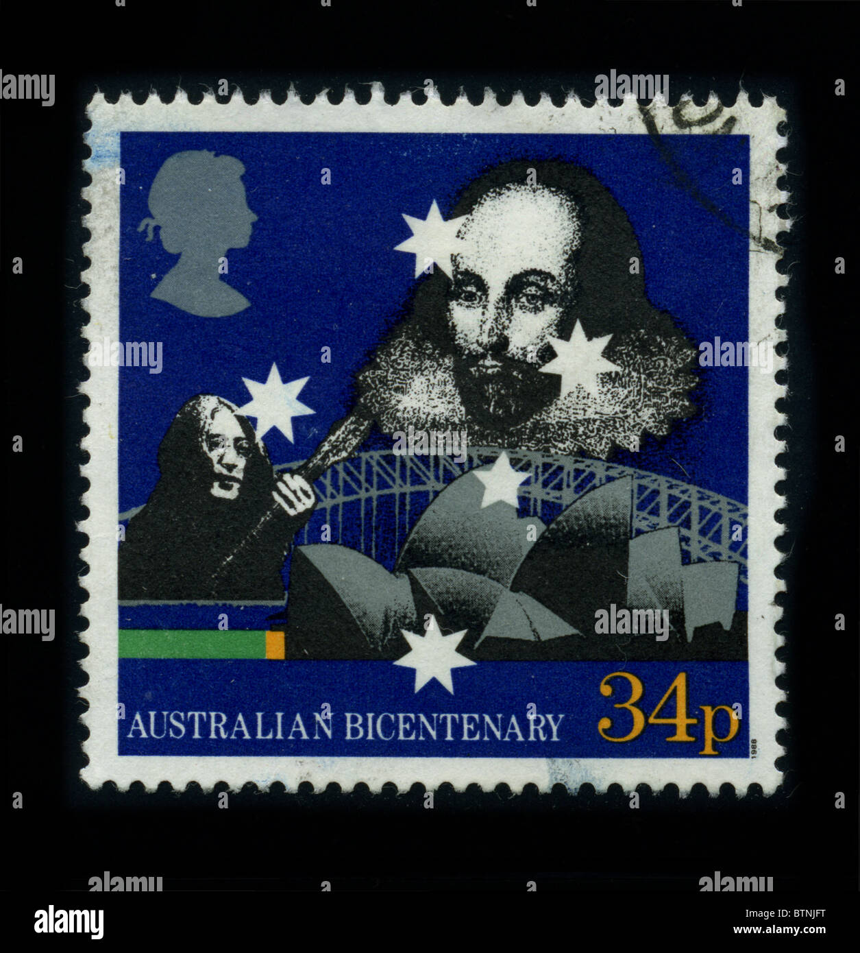 AUSTRALIA - CIRCA 1980: A stamp printed in AUSTRALIA shows image of the dedicated to the bicentenary of Australia was celebrated in 1970 on the 200th anniversary of Captain James Cook landing and claiming the land, and again in 1988 to celebrate 200 years of permanent European settlement, circa 1980. Stock Photo