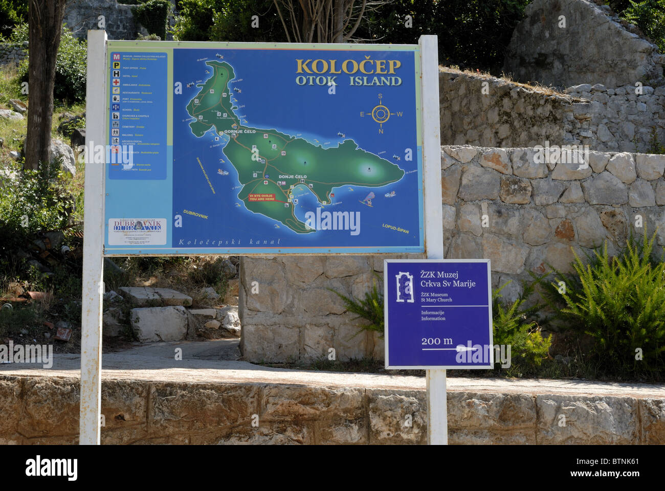 A visitor information board near the harbour of the Donje Celo Village on the Kolocep Island, Elafiti Islands. The Kolocep ... Stock Photo