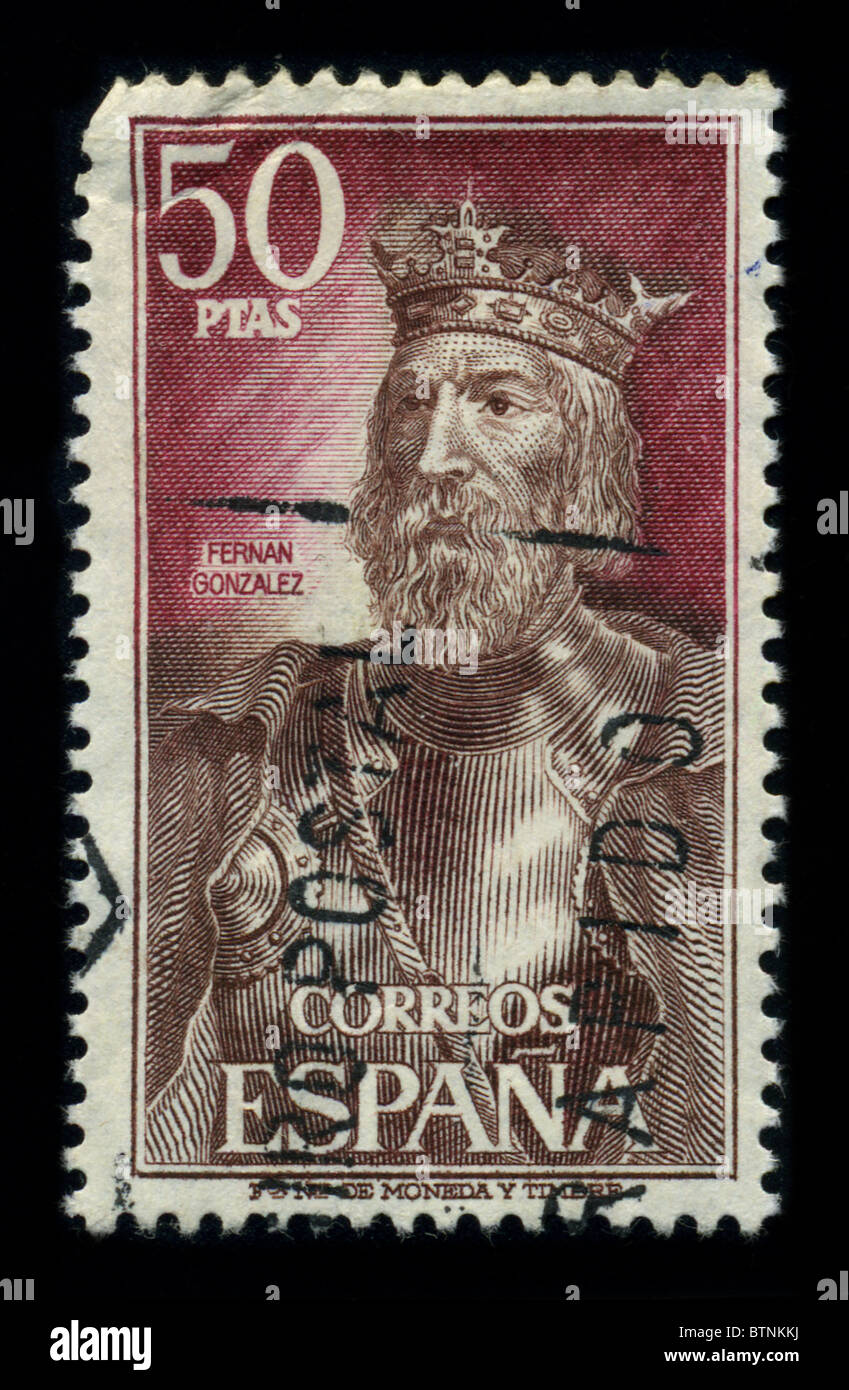 SPAIN - CIRCA 1980: A stamp printed in SPAIN shows image of the dedicated to the Fernán González was the first independent count of Castile, son of Gonzalo Fernández de Burgos, who had been named count of Arlanza and the Duero around the year 900, and by tradition a descendant of semi-legendary judge Nuño Rasura, circa 1980. Stock Photo