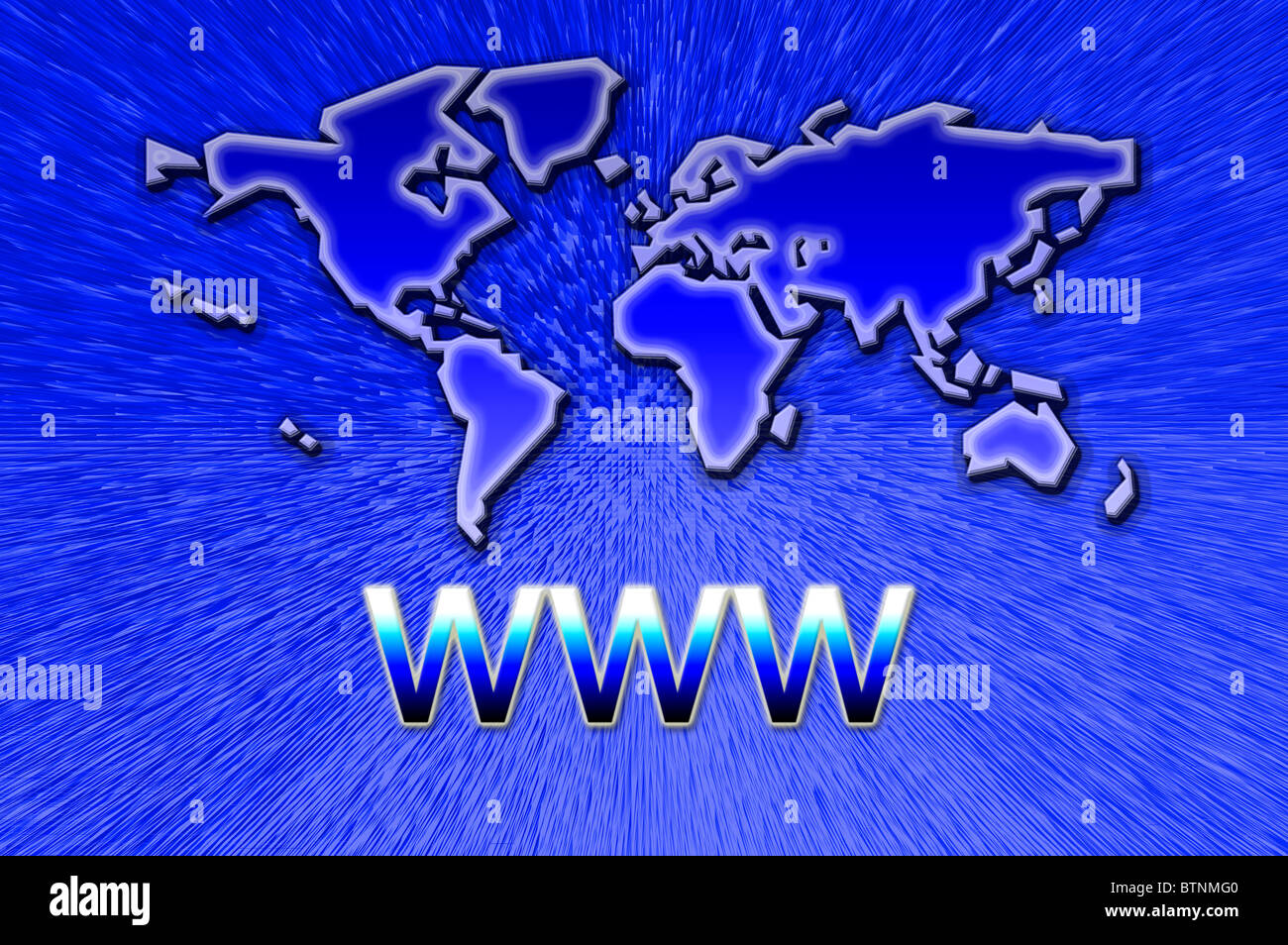 map of the world above the letters WWW on a blue radial background Stock Photo