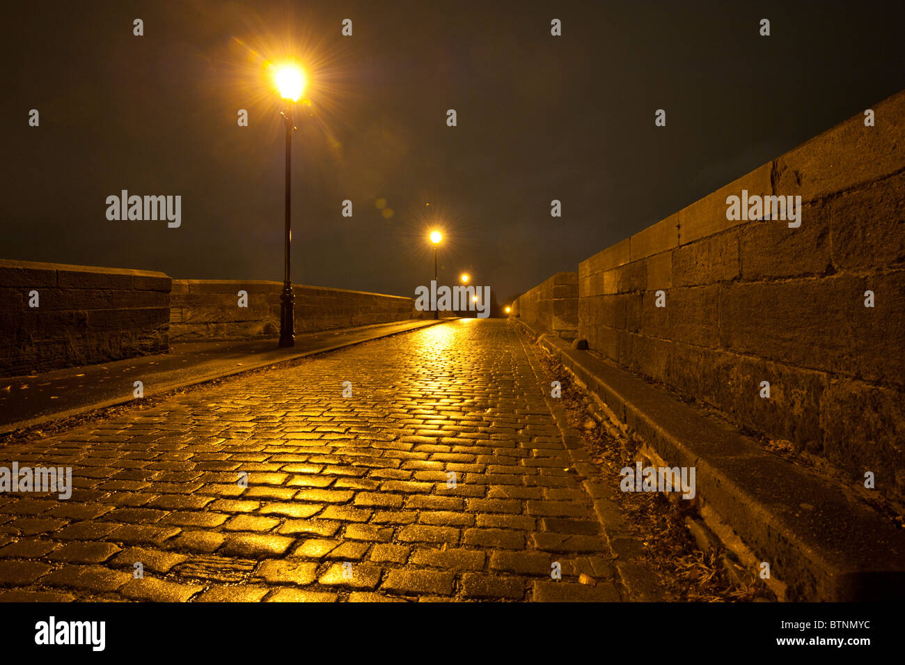 Streets of Gold Cobbled Street at night in Preston Lancashire Stock Photo Alamy