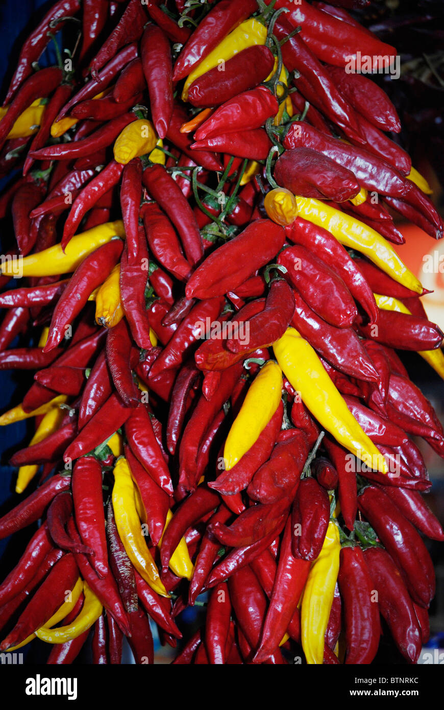 Dried chilis for sale at The Central Market (Nagy vásárcsarnok) in Budapest, Hungary. Stock Photo