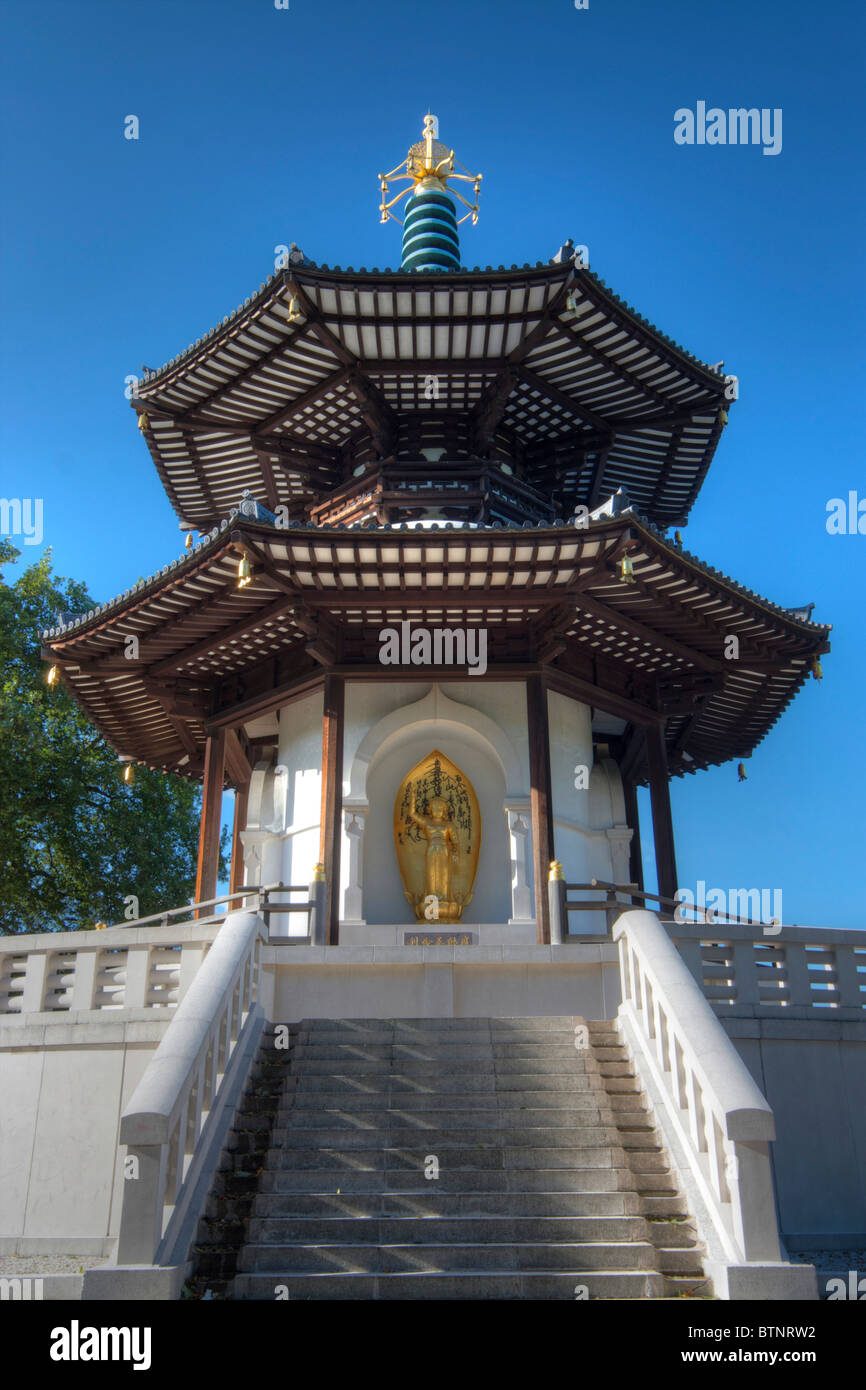 Battersea Park Peace Pagoda, a Buddhist temple next to the River Thames in London, UK Stock Photo