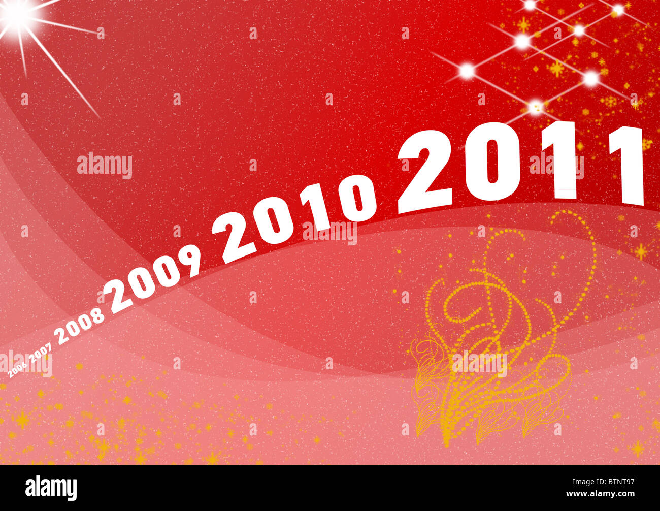 2006 - 2011 in front of a red snowy background with stars as symbol for 2011 being ahead Stock Photo