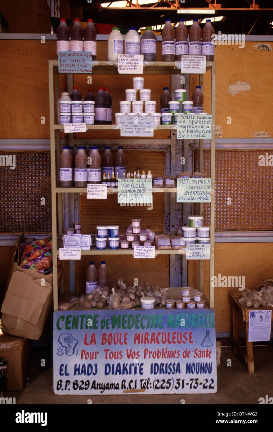 Ouagadougou, Burkina Faso. Herbal Medicine Display at SIAO Biannual Handicrafts Fair. Stock Photo