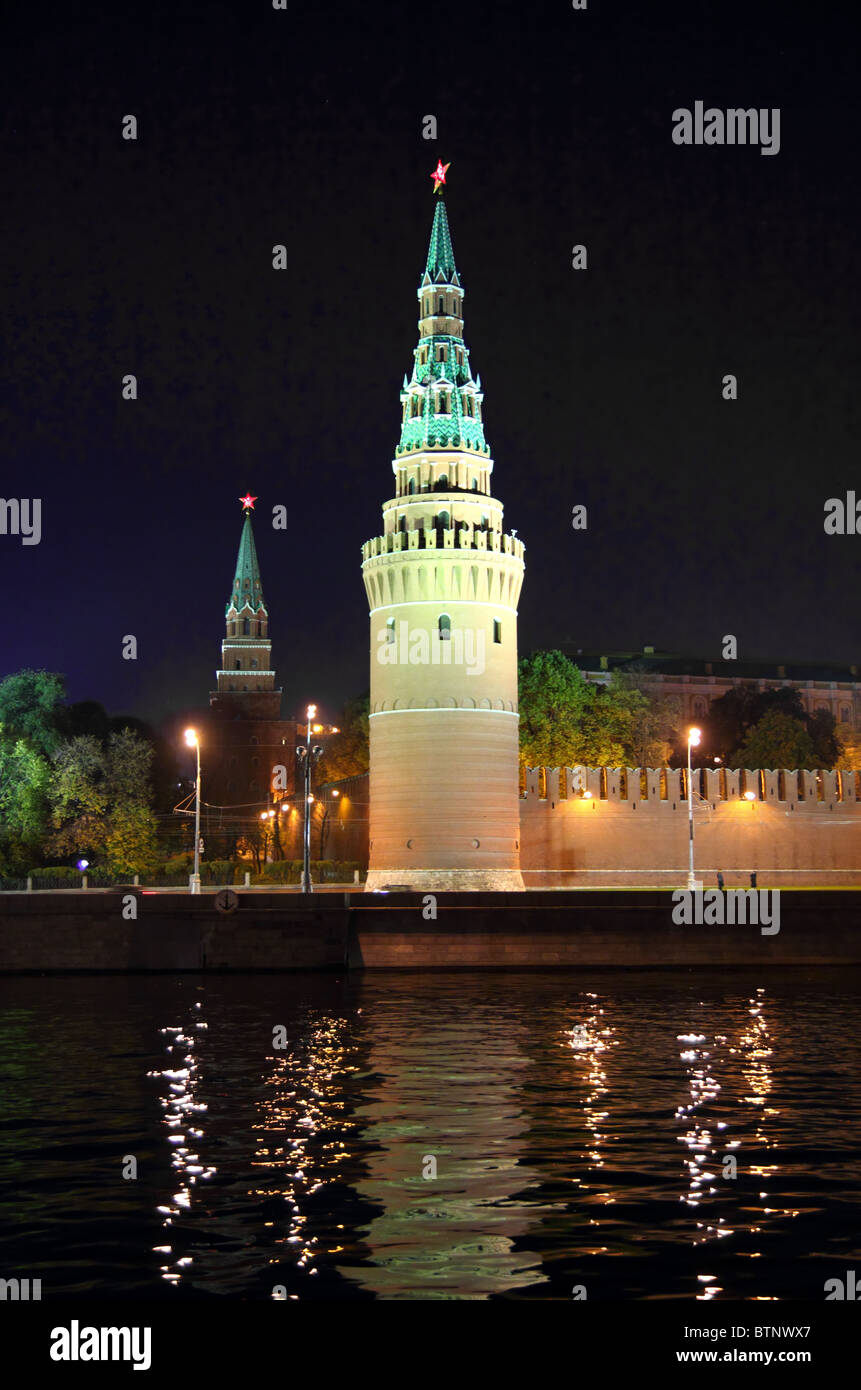 view on kremlin from river at night in Russia Moscow Stock Photo