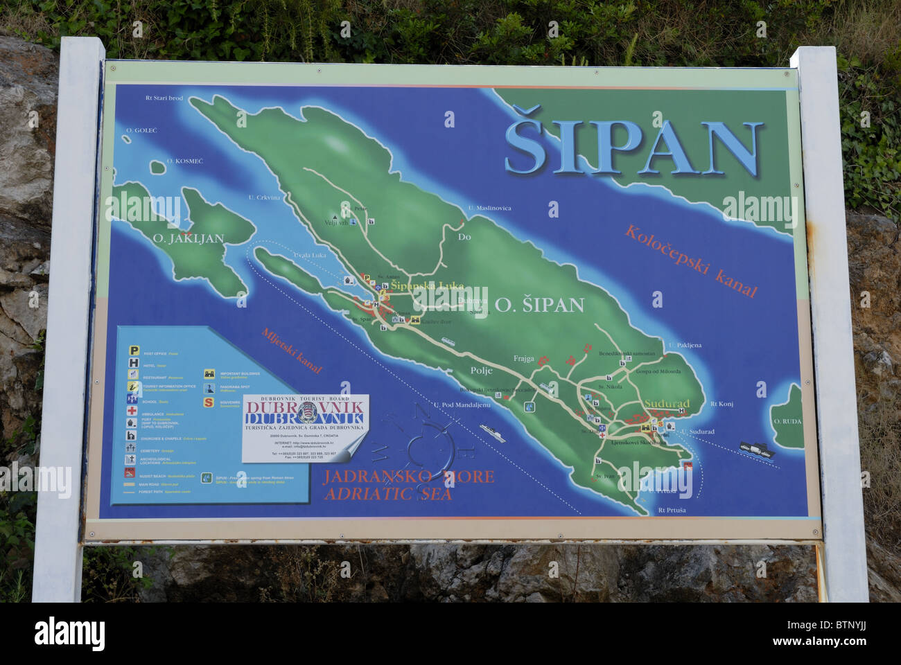 A visitor information board near the harbour of the Sudurad Village on the Sipan Island, Elafiti Islands. The Sipan Island is... Stock Photo