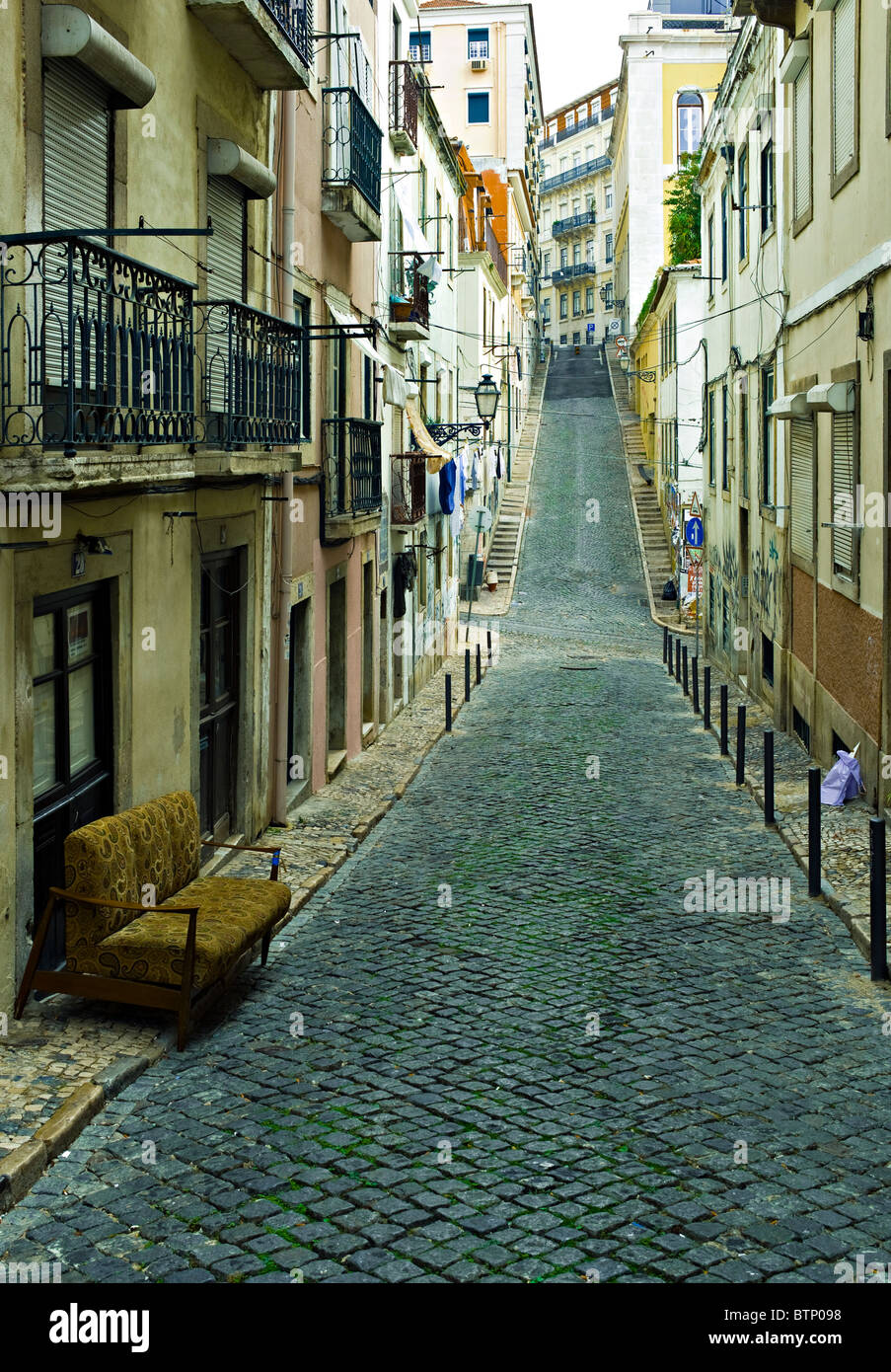 Cobbled street in Bairro Alto, Lisbon, Portugal Stock Photo