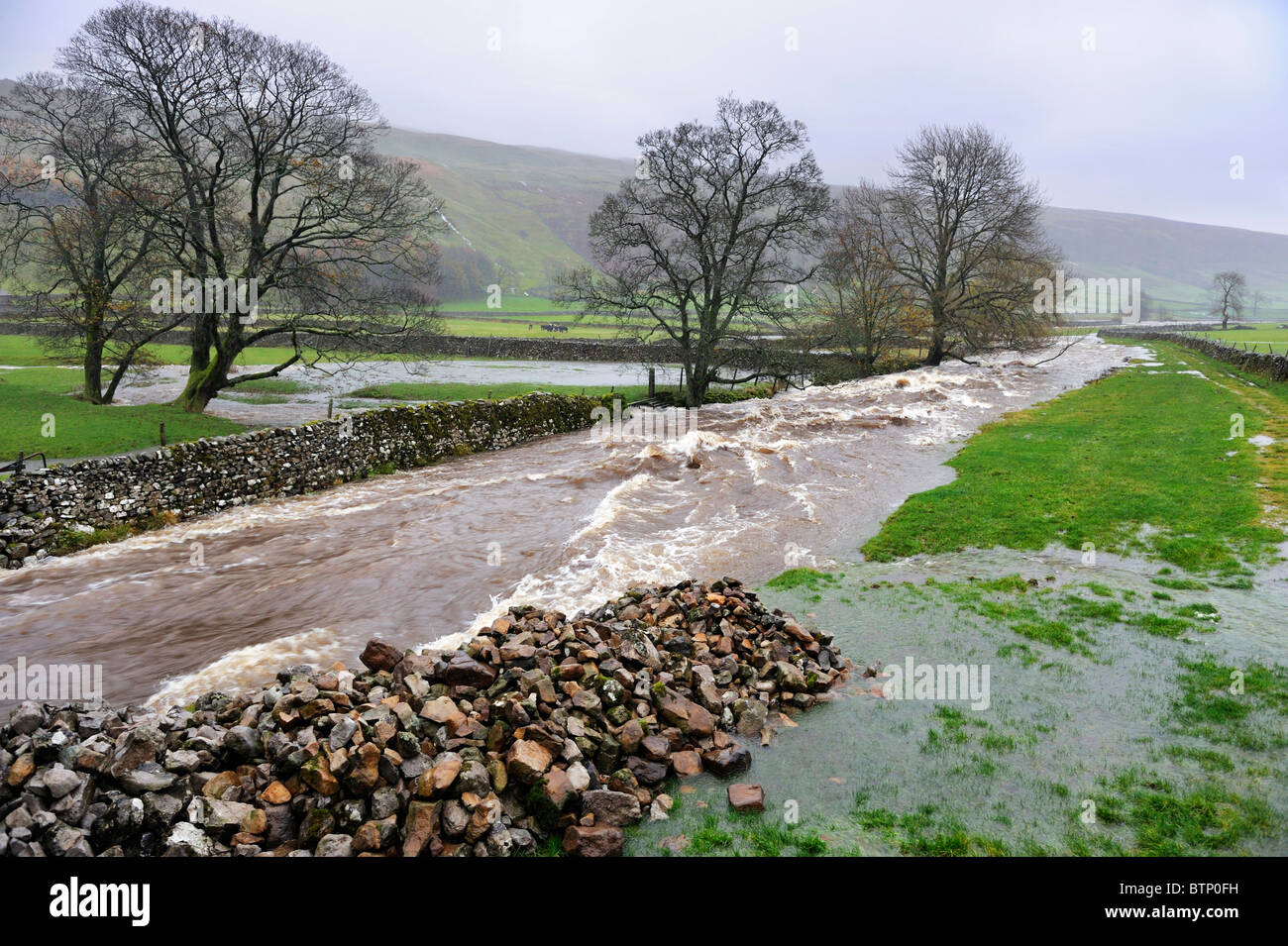 The flooding River Skirfare, Halton Gill, Littondale Yorkshire Dales National Park, England, on a wet November day. Stock Photo