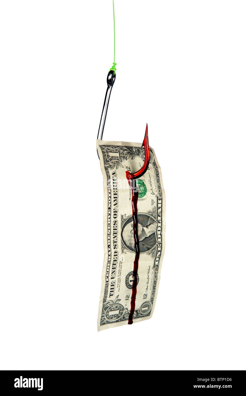 A bloody fishing hook snagged a dollar bill isolated on white Stock Photo