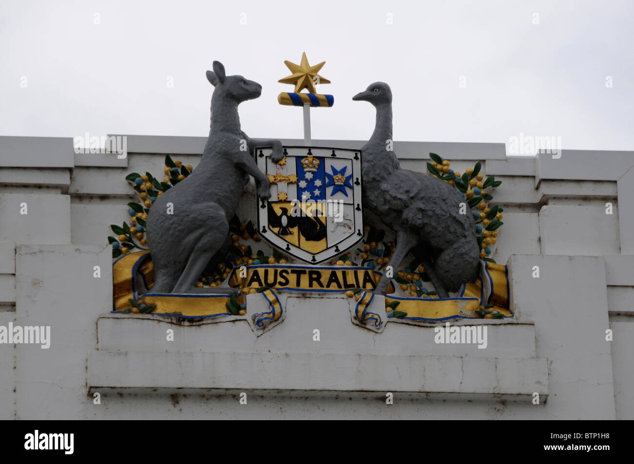 The formal symbol coat of arms of Australia at the old Parliament in Canberra, Australia, It is officially called the Commonwealth Coat of Arms. A Stock Photo