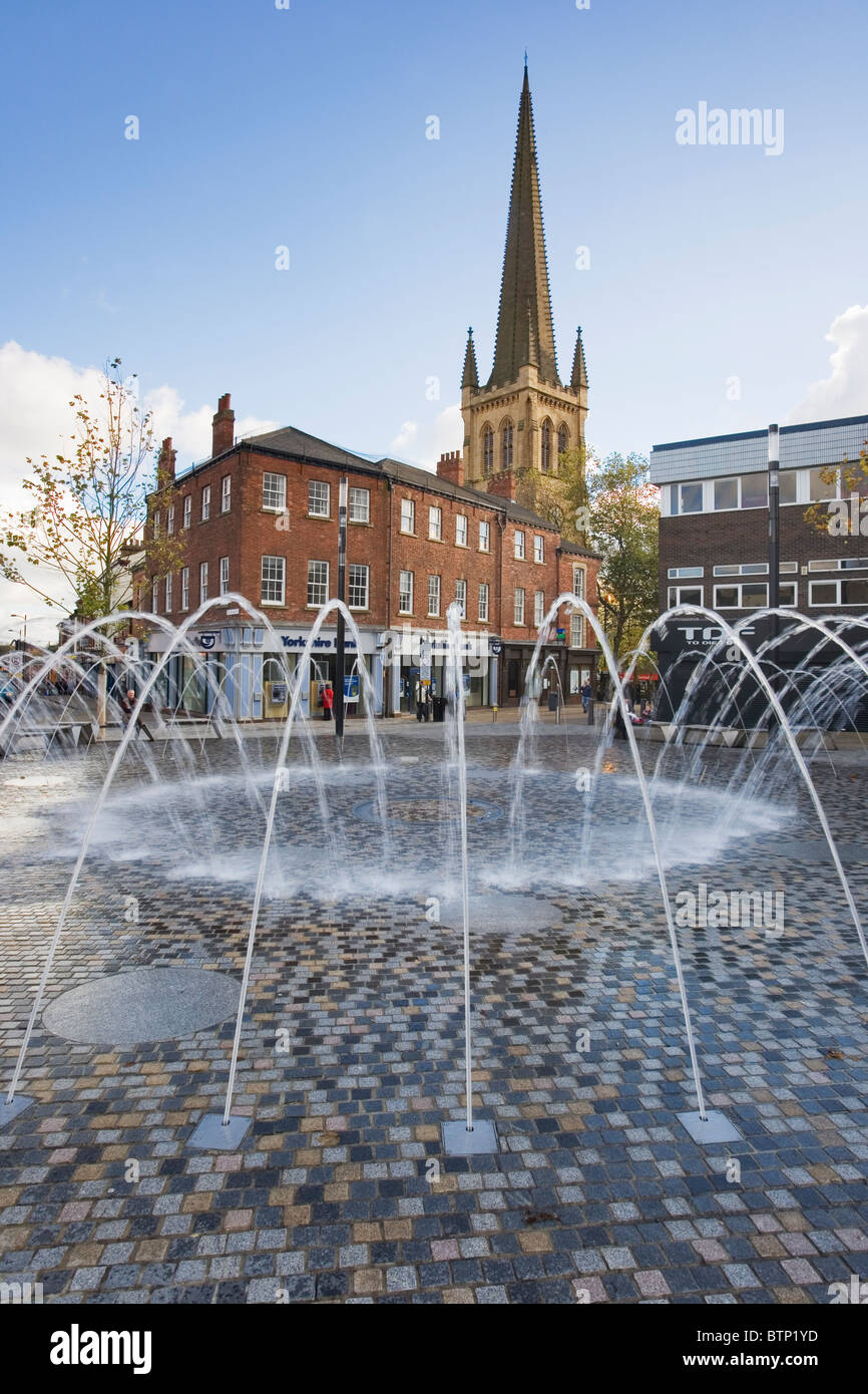 Wakefield City Centre view toward Wakefiel Cathedral with ornamental fountains in foreground Wakefield West Yorkshire U.K Stock Photo