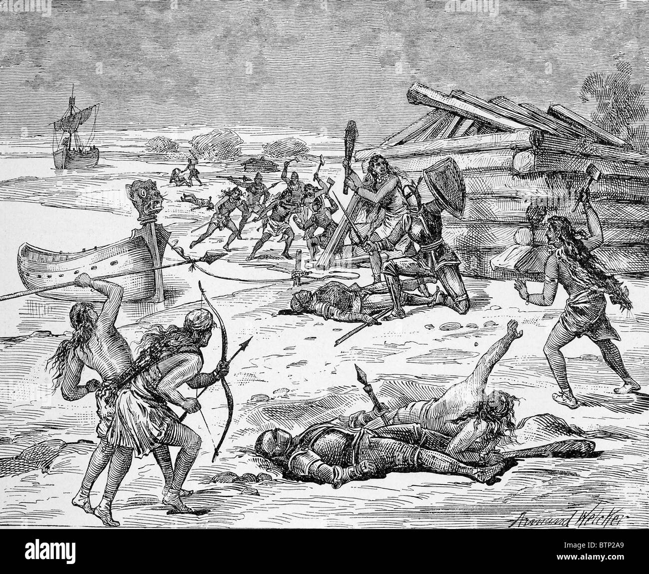 Persuaded by brother Leif Ericson to come to Greenland, Thorvald did and was later killed by natives. Stock Photo