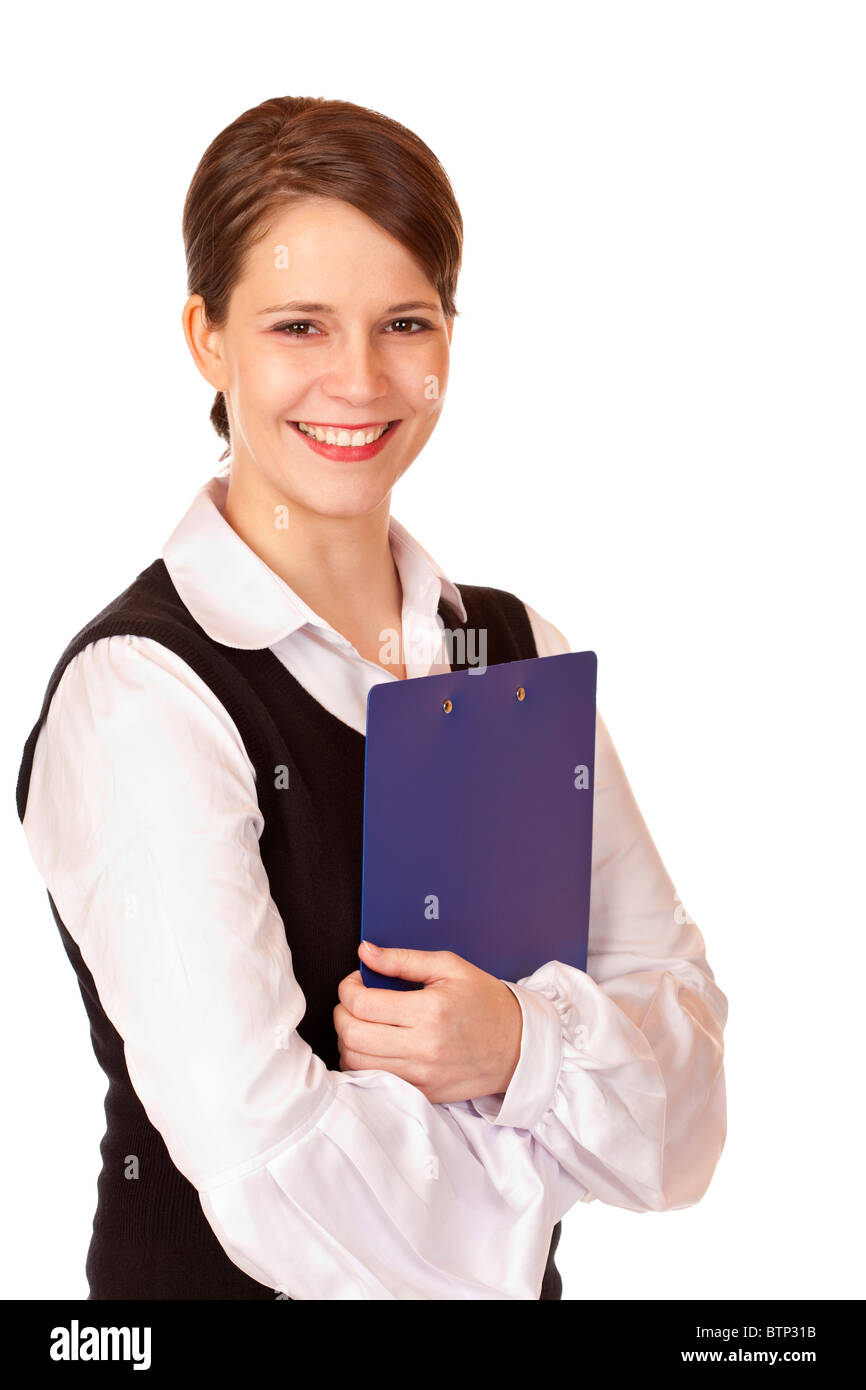 Self confident businesswoman with clipboard. Isolated on white background. Stock Photo