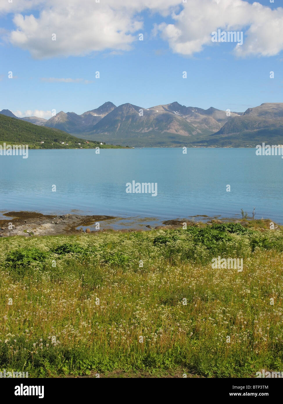 Island of Grytøya seen from near Ervik, near Harstad, Hinnøya, Troms, arctic Norway. Stock Photo