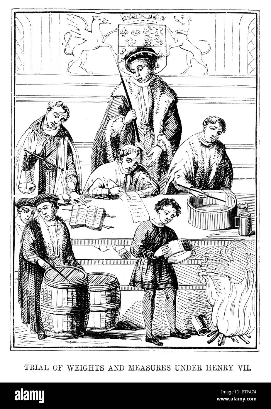 The Trial of Weights and Measures under the Reign of Henry Vii; Black and White Illustration; Stock Photo