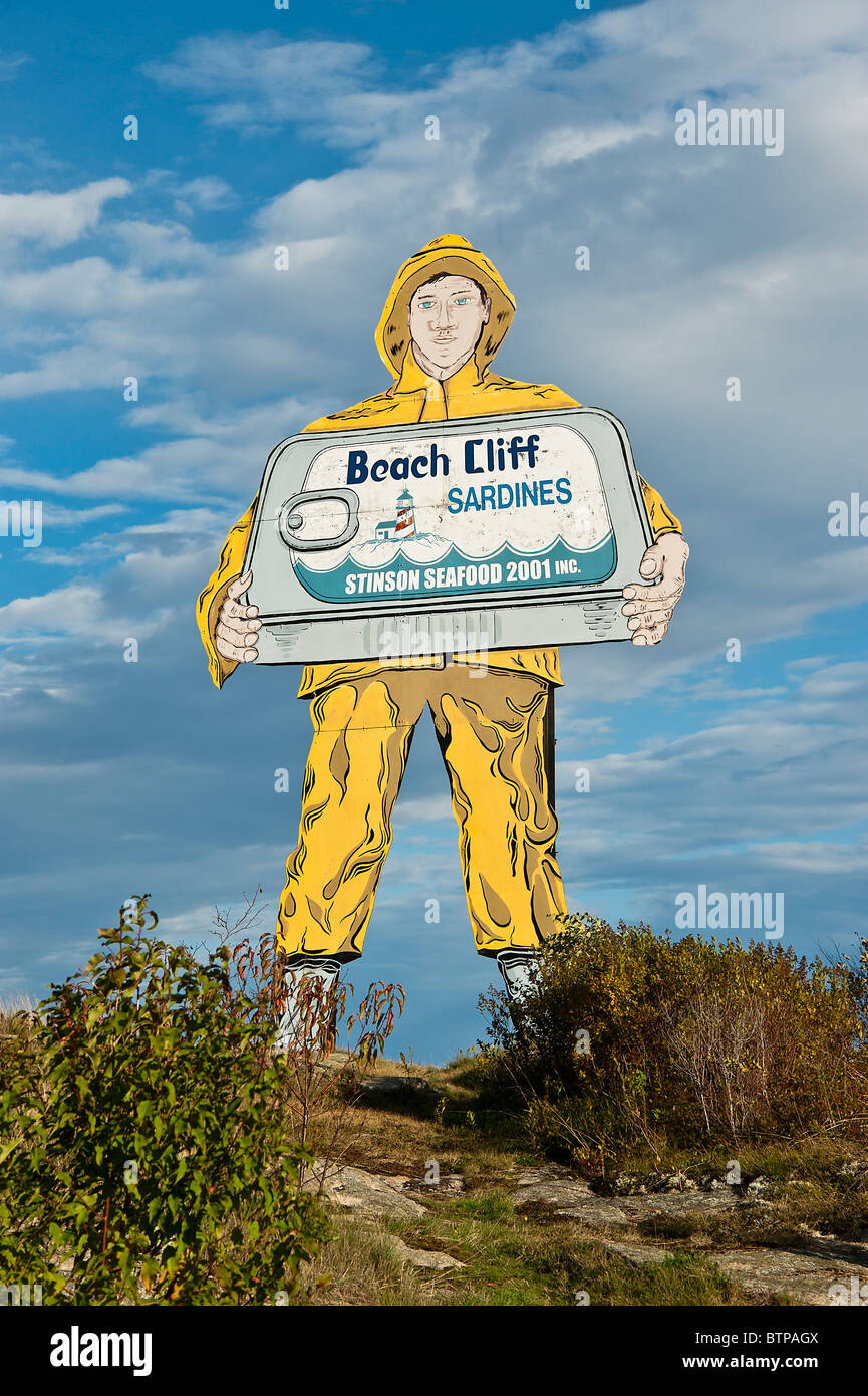 Huge Beach Cliff Sardine sign, Winter Harbor, Maine, USA Stock Photo