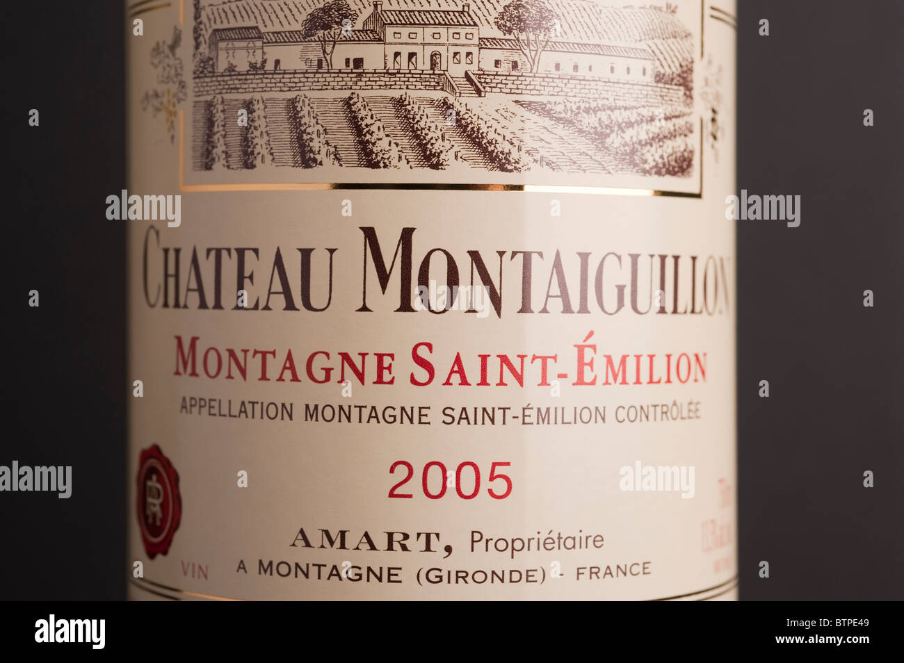 Chateau Montaiguillon wine bottle label Stock Photo